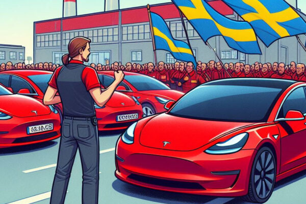 A red tesla model 3 arguing with the Swedish flag about labor issues in front of a factory