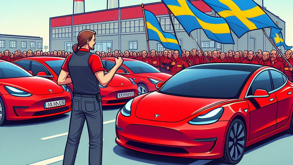 A red tesla model 3 arguing with the Swedish flag about labor issues in front of a factory