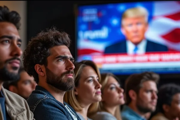 Group of people experiencing election stress and anxiety while watching news on TV, reflecting concern about the future of the nation.