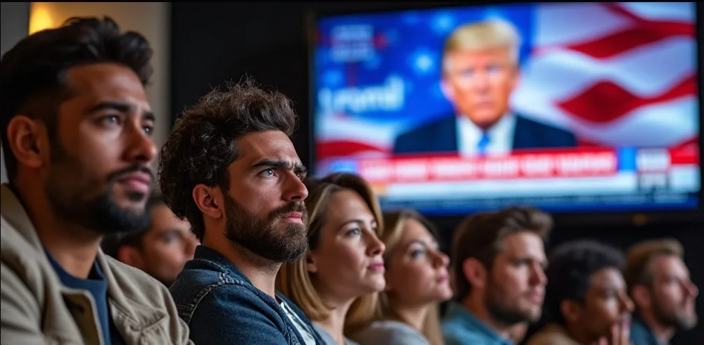 Group of people experiencing election stress and anxiety while watching news on TV, reflecting concern about the future of the nation.