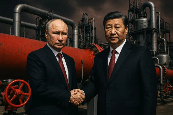 Putin and Xi shaking hands in front of a pipeline or industrial backdrop