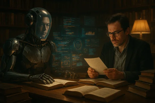 A humanoid robot debates a human editor in a library, symbolizing the clash between AI-generated knowledge and human-edited truth.