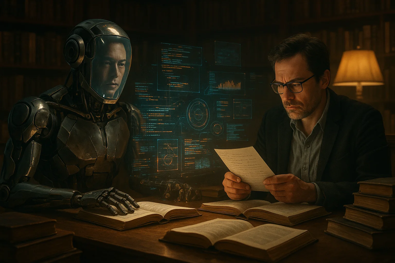 A humanoid robot debates a human editor in a library, symbolizing the clash between AI-generated knowledge and human-edited truth.