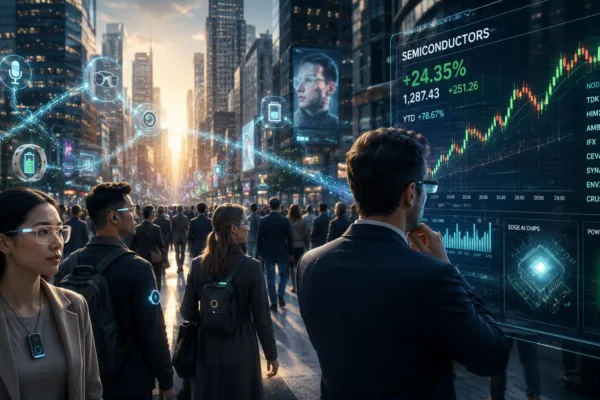 Futuristic city scene showing investors and commuters wearing AI-powered smart glasses and wearable devices as semiconductor stock charts surge on a glowing digital market display, symbolizing the rise of ambient AI and the lifecording hardware boom.