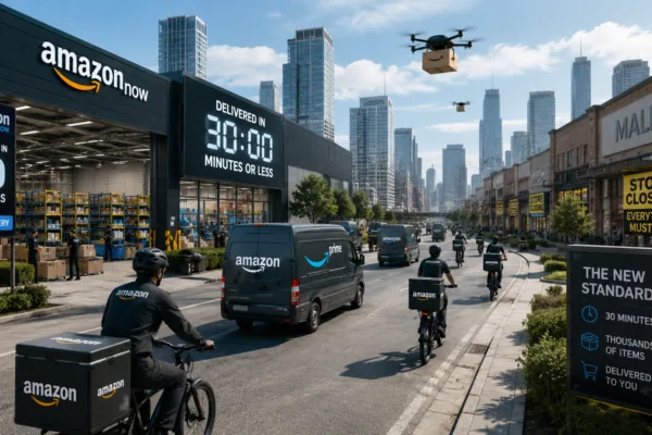 Amazon delivery hub in a major U.S. city as drivers, bikes, and drones rush out 30-minute deliveries while traditional retail stores struggle to compete.