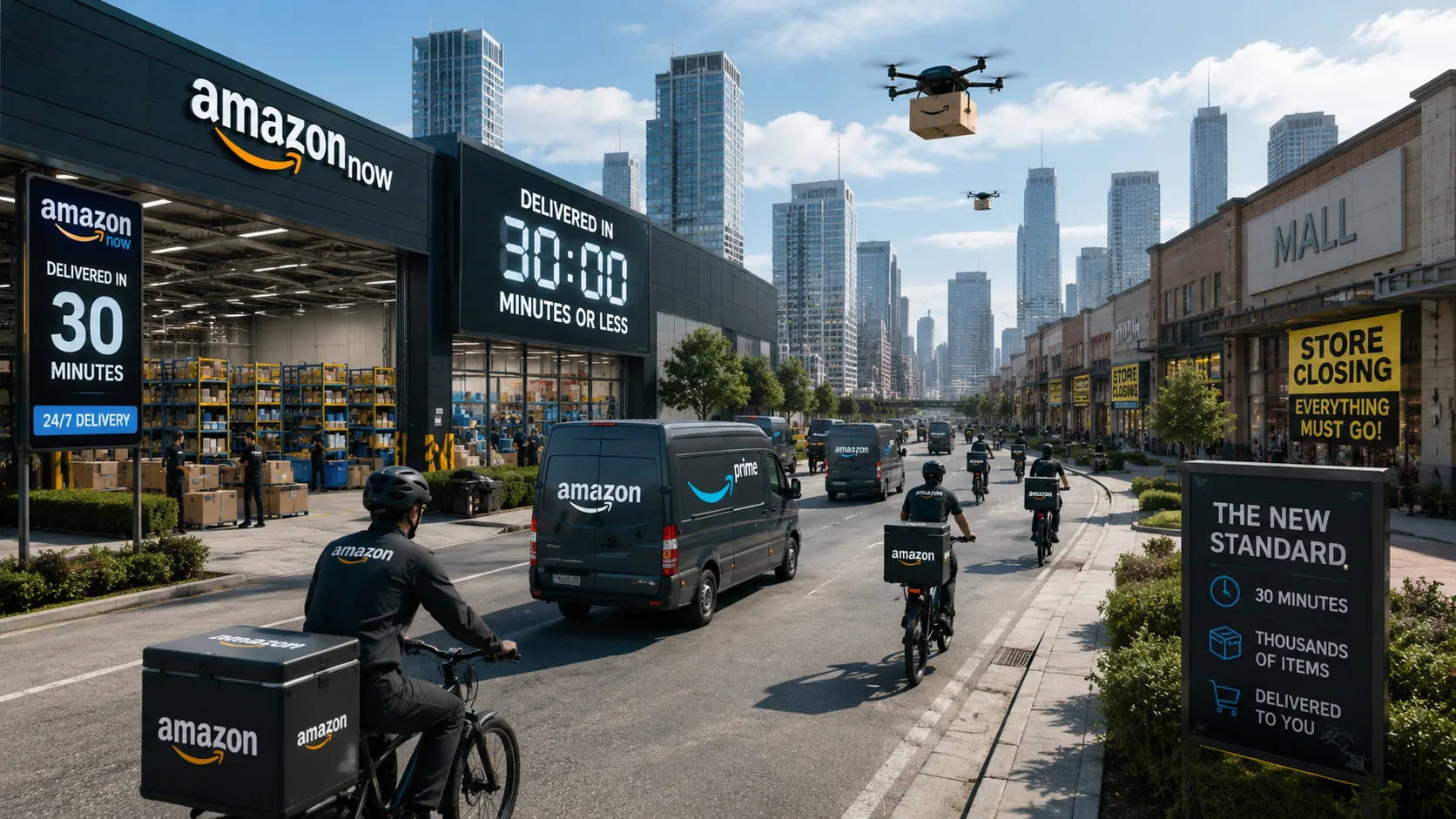 Amazon delivery hub in a major U.S. city as drivers, bikes, and drones rush out 30-minute deliveries while traditional retail stores struggle to compete.