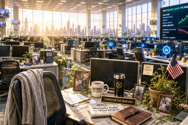 Sunlit empty trading floor filled with abandoned desks, retirement keepsakes, and glowing AI workstations as America’s aging workforce reshapes the economy.