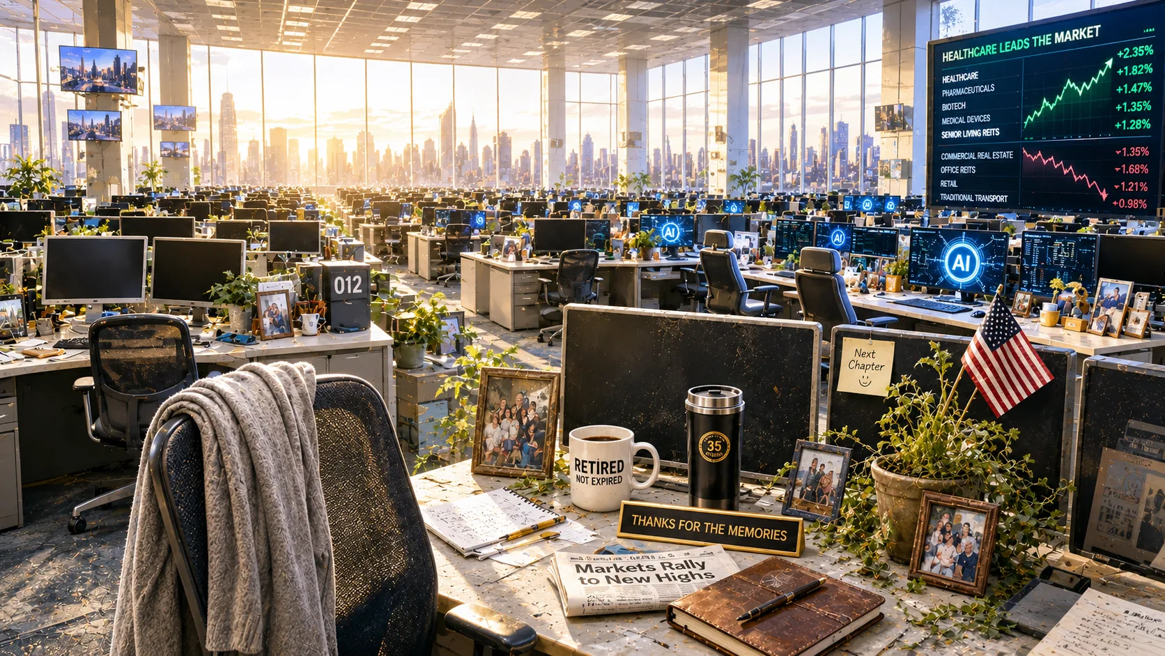 Sunlit empty trading floor filled with abandoned desks, retirement keepsakes, and glowing AI workstations as America’s aging workforce reshapes the economy.