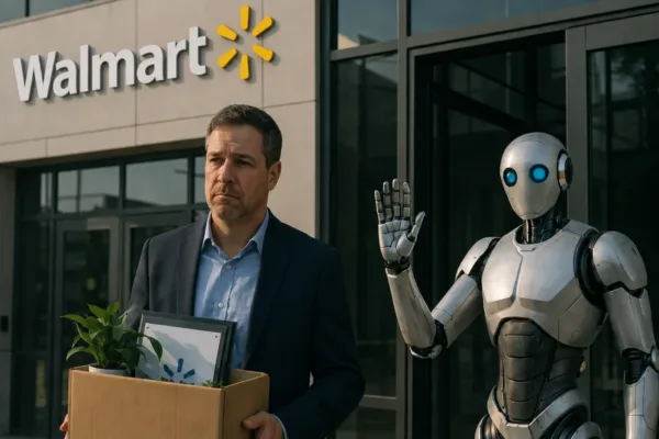 Corporate employee carrying a box outside a Walmart office building while a humanoid robot waves beside him, symbolizing AI-driven workforce restructuring and corporate layoffs.