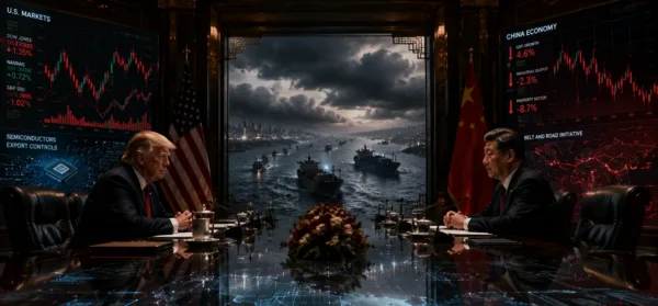 Dramatic cinematic scene of President Donald Trump and Chinese President Xi Jinping facing each other across a long negotiation table in Beijing, surrounded by glowing market charts, semiconductor graphics, and storm clouds over cargo ships, symbolizing rising U.S.-China economic tensions and global market uncertainty.