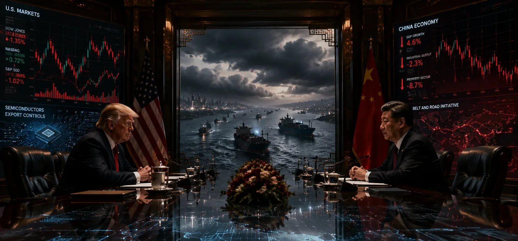 Dramatic cinematic scene of President Donald Trump and Chinese President Xi Jinping facing each other across a long negotiation table in Beijing, surrounded by glowing market charts, semiconductor graphics, and storm clouds over cargo ships, symbolizing rising U.S.-China economic tensions and global market uncertainty.