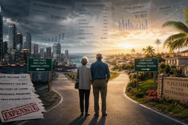 Older couple standing at a crossroads between a dark, high-cost city and a bright, low-tax retirement community, symbolizing the financial impact of geography, taxes, and cost of living on retirement planning in America.