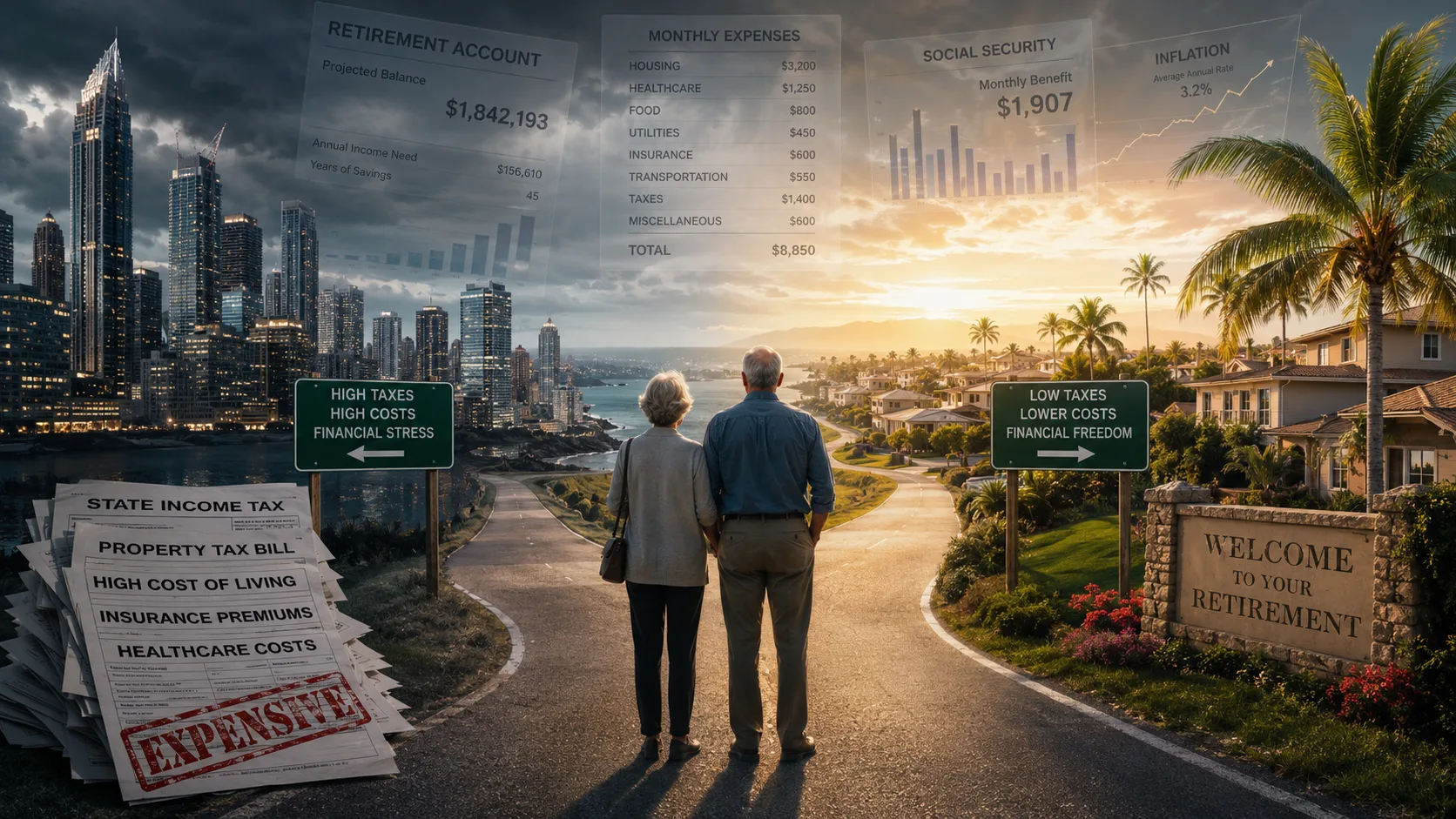Older couple standing at a crossroads between a dark, high-cost city and a bright, low-tax retirement community, symbolizing the financial impact of geography, taxes, and cost of living on retirement planning in America.