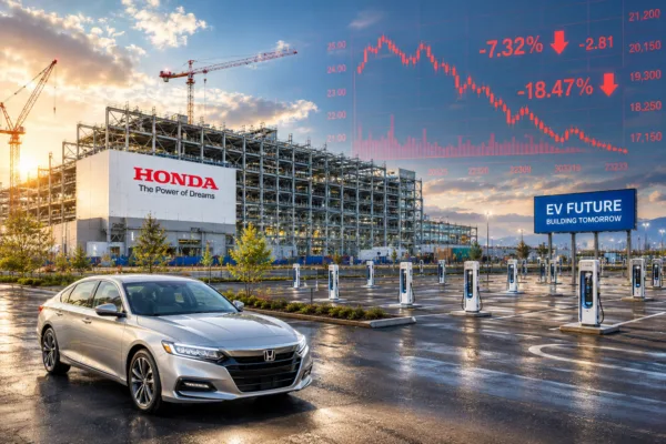 A Honda sedan parked outside a massive EV factory and mostly empty charging station lot as red stock market charts fall across the sky, symbolizing financial losses tied to electric vehicle investments.