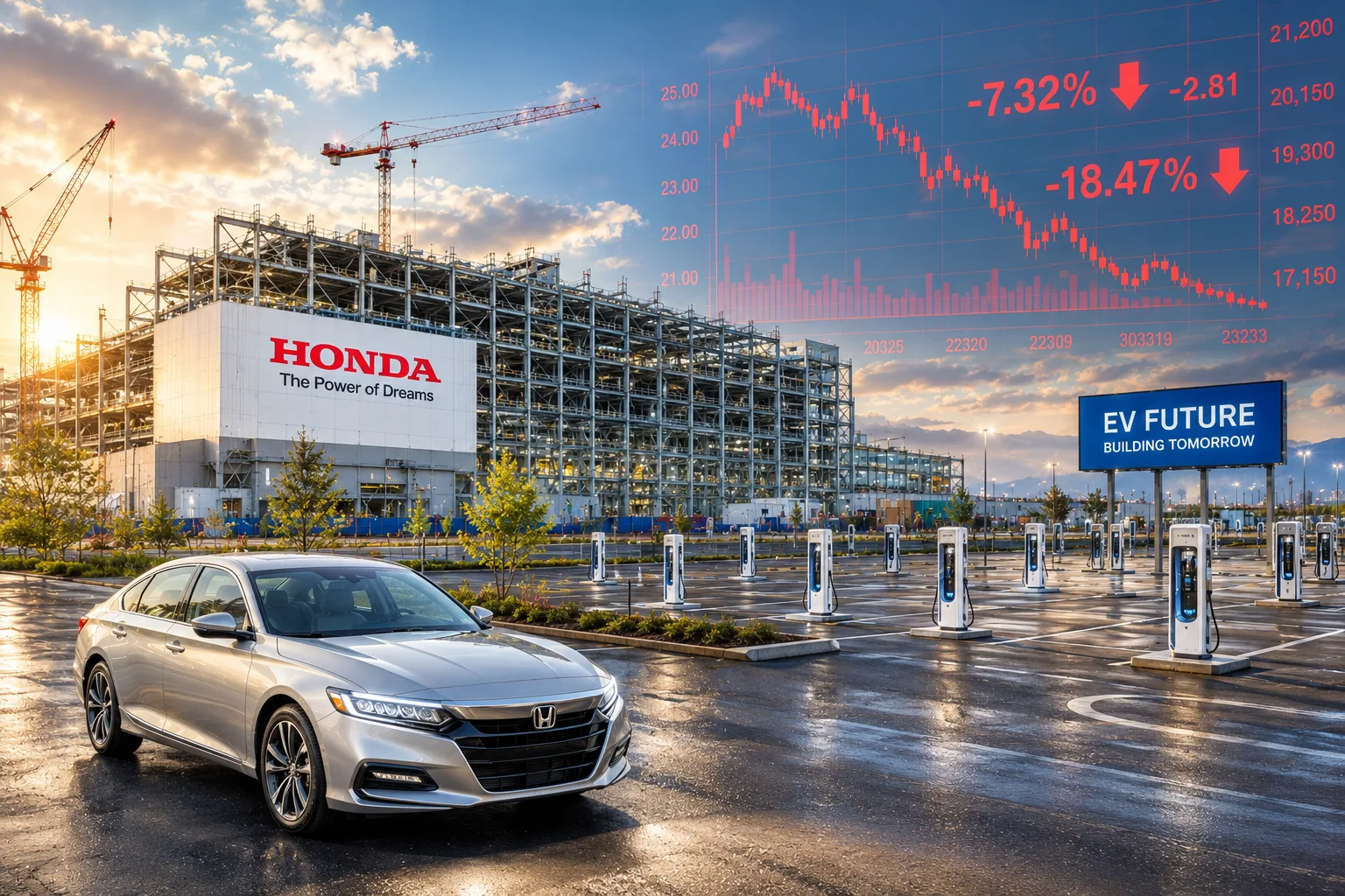 A Honda sedan parked outside a massive EV factory and mostly empty charging station lot as red stock market charts fall across the sky, symbolizing financial losses tied to electric vehicle investments.