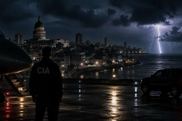 Storm clouds gather over Havana’s coastline as a silhouetted CIA operative stands on a rain-soaked airport tarmac beside a jet and black SUV during a tense nighttime intelligence mission.