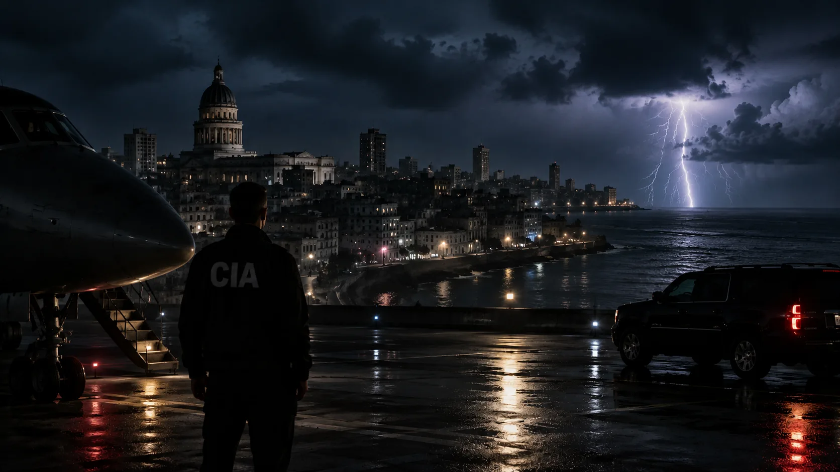 Storm clouds gather over Havana’s coastline as a silhouetted CIA operative stands on a rain-soaked airport tarmac beside a jet and black SUV during a tense nighttime intelligence mission.