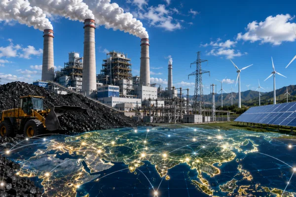 Coal-fired power plant beside renewable wind and solar energy infrastructure, illustrating the global shift back toward reliable fossil fuel power during an energy supply crisis.