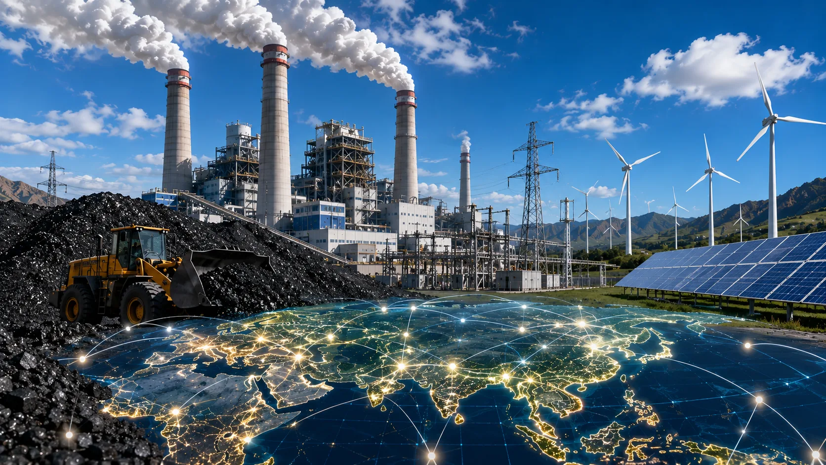 Coal-fired power plant beside renewable wind and solar energy infrastructure, illustrating the global shift back toward reliable fossil fuel power during an energy supply crisis.