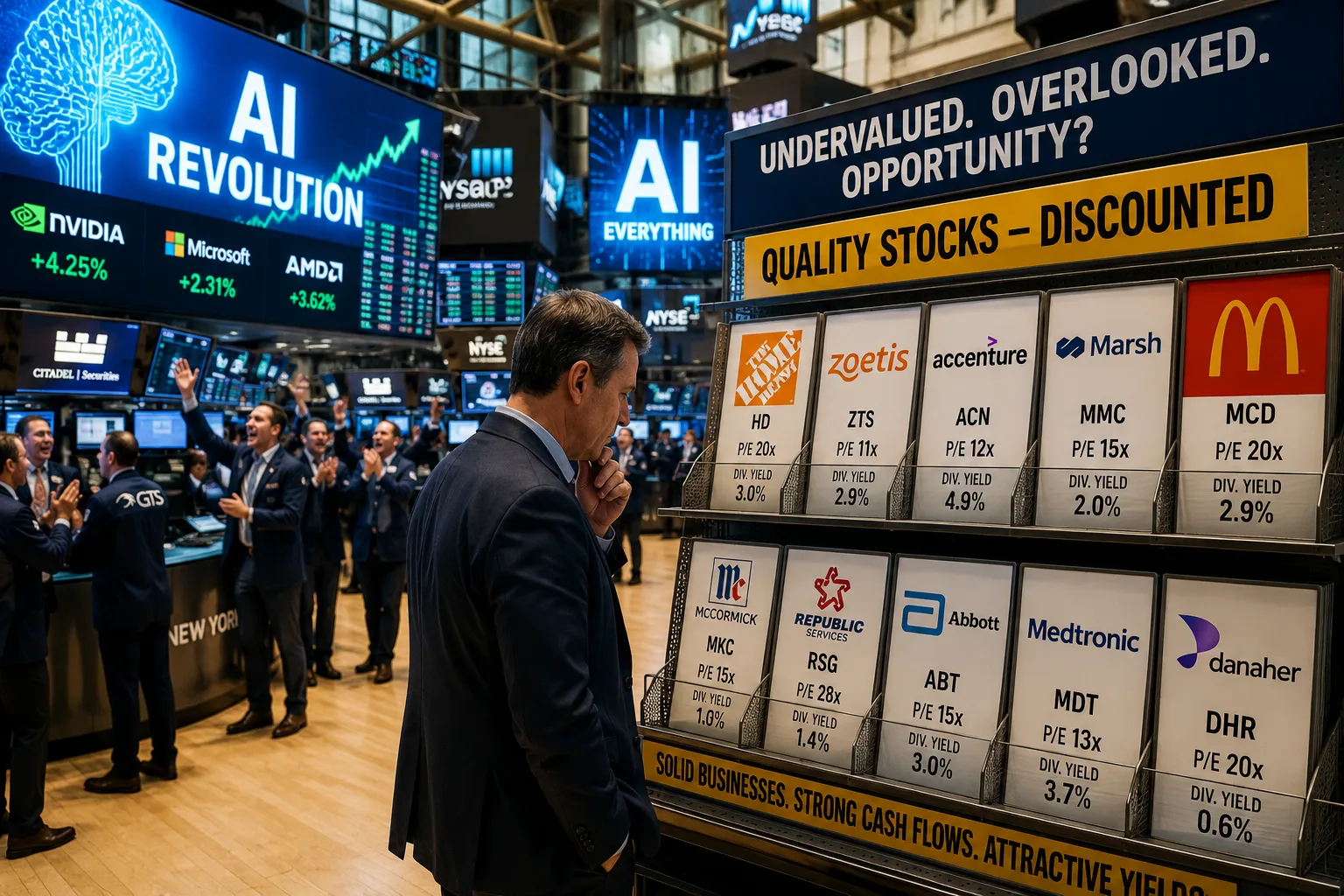 Investor studies discounted blue-chip stocks on a busy Wall Street trading floor while AI stocks dominate surrounding market screens and trader attention.