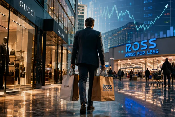 Investor walking between luxury boutiques and a Ross discount store with stock market charts overlayed, symbolizing the shift toward value-focused consumer spending and changing retail market trends.