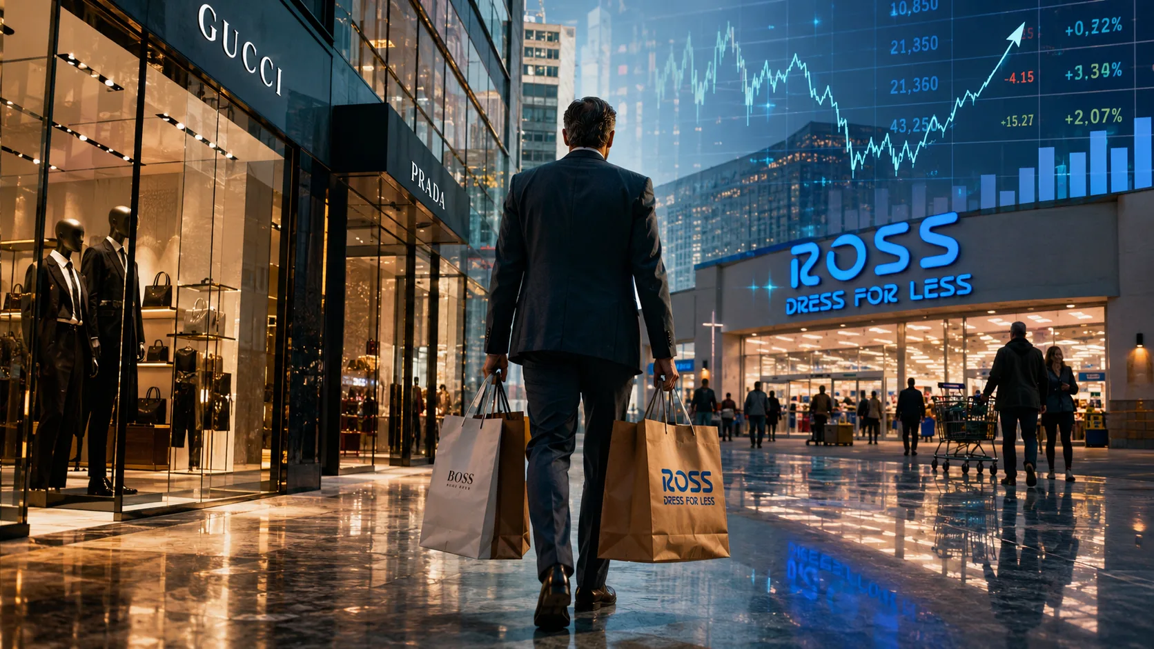 Investor walking between luxury boutiques and a Ross discount store with stock market charts overlayed, symbolizing the shift toward value-focused consumer spending and changing retail market trends.