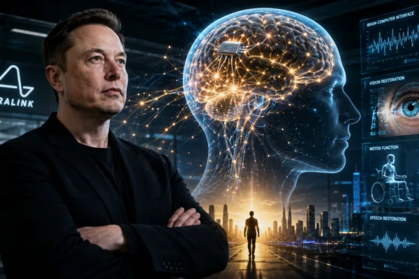 A futuristic illustration of Elon Musk beside a glowing digital human brain interface inside a high-tech Neuralink laboratory, symbolizing brain implants, AI-human integration, restored vision technology, and advanced neurotechnology development.