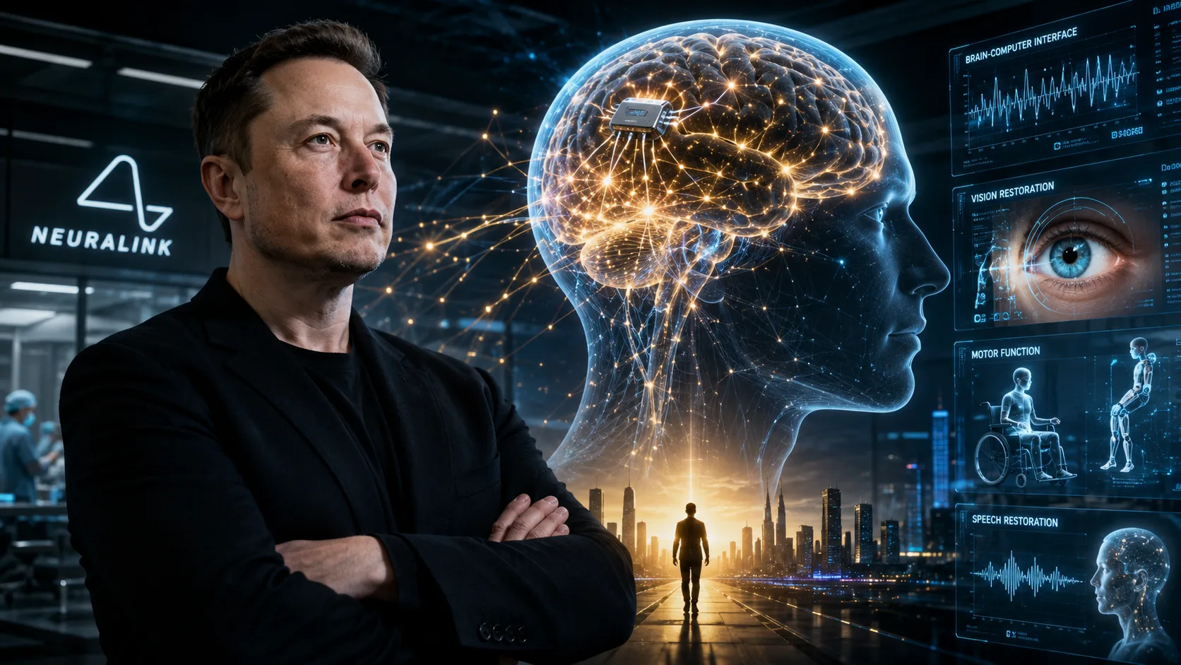 A futuristic illustration of Elon Musk beside a glowing digital human brain interface inside a high-tech Neuralink laboratory, symbolizing brain implants, AI-human integration, restored vision technology, and advanced neurotechnology development.