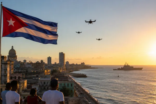 Cuban flag overlooking Havana’s coastline at sunset as military drones fly overhead and a U.S. naval vessel sits offshore amid rising geopolitical tensions between Cuba and the United States.
