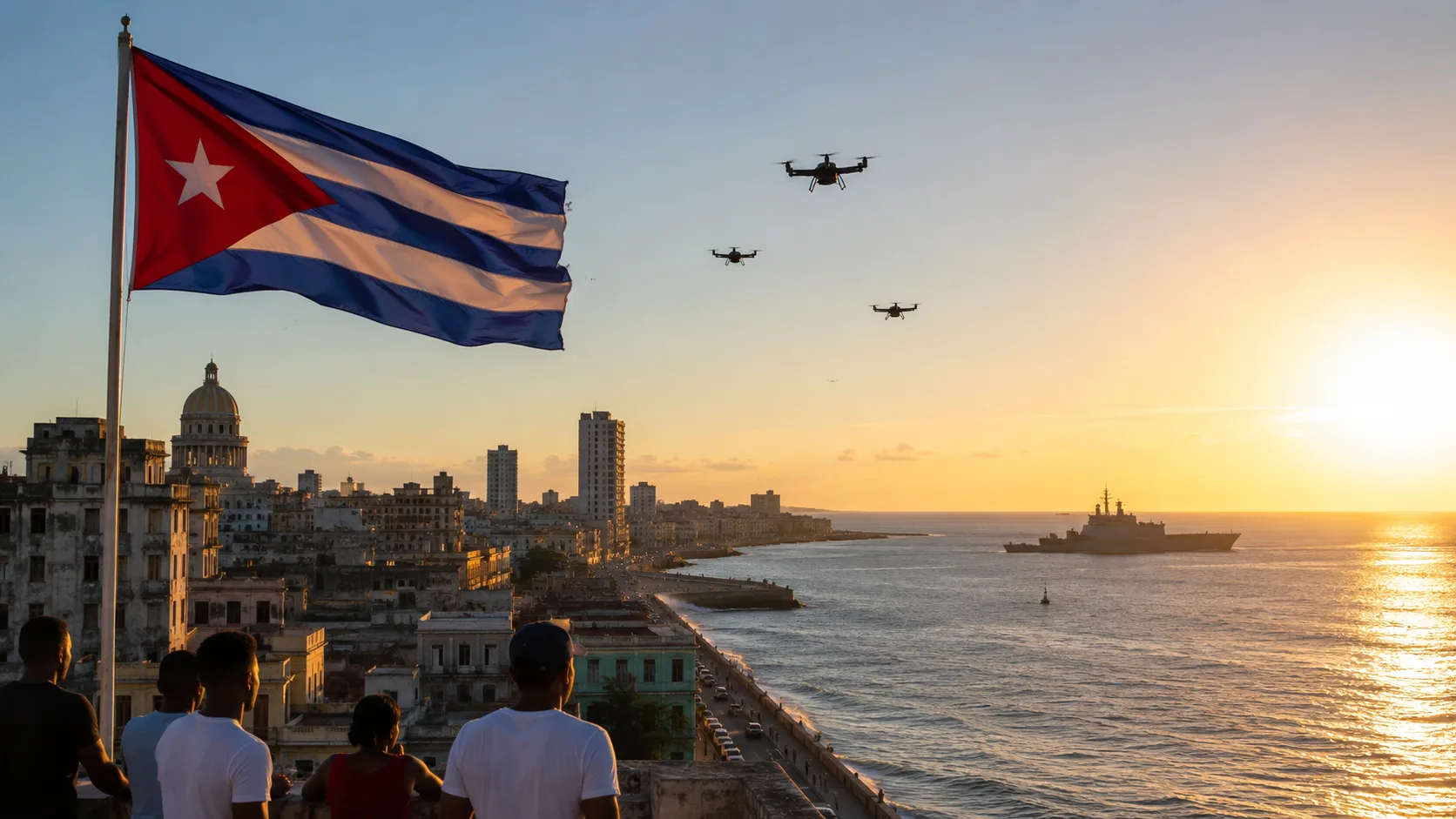 Cuban flag overlooking Havana’s coastline at sunset as military drones fly overhead and a U.S. naval vessel sits offshore amid rising geopolitical tensions between Cuba and the United States.