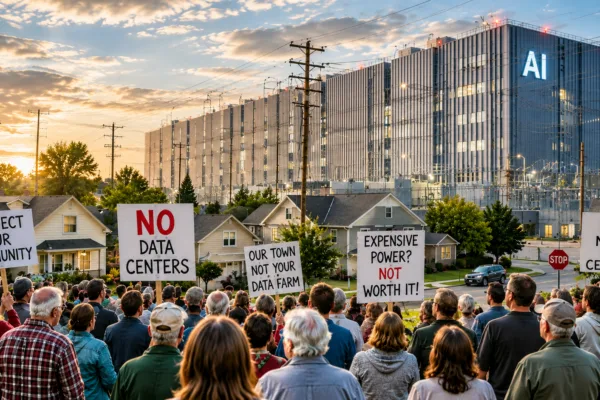 Crowd of suburban residents protesting against a massive AI data center at sunset, holding signs opposing data centers and rising energy costs while a giant illuminated industrial facility towers over nearby homes and power lines.