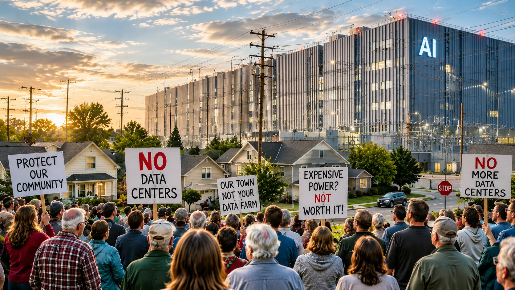 Crowd of suburban residents protesting against a massive AI data center at sunset, holding signs opposing data centers and rising energy costs while a giant illuminated industrial facility towers over nearby homes and power lines.