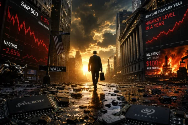 Dramatic Wall Street scene showing a lone investor walking through a debris-covered financial district at sunrise while massive digital screens display falling stock markets, surging Treasury yields, and oil prices above $100 per barrel, symbolizing market fear and investor resilience amid economic turmoil.