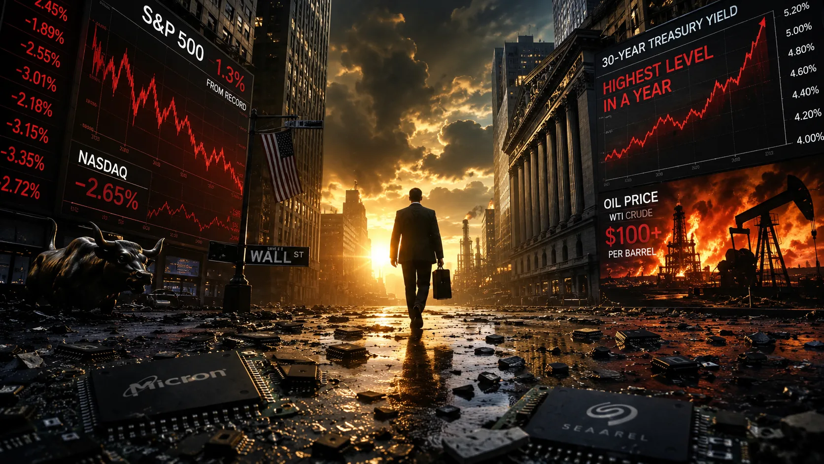 Dramatic Wall Street scene showing a lone investor walking through a debris-covered financial district at sunrise while massive digital screens display falling stock markets, surging Treasury yields, and oil prices above $100 per barrel, symbolizing market fear and investor resilience amid economic turmoil.