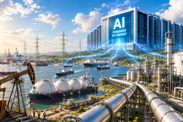 AI-powered data center connected to massive oil, LNG, and energy infrastructure along a bright industrial coastline, symbolizing how artificial intelligence growth is increasing global demand for physical energy systems.