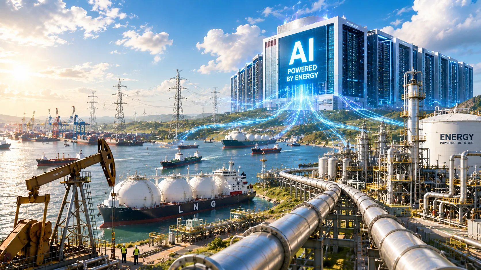AI-powered data center connected to massive oil, LNG, and energy infrastructure along a bright industrial coastline, symbolizing how artificial intelligence growth is increasing global demand for physical energy systems.