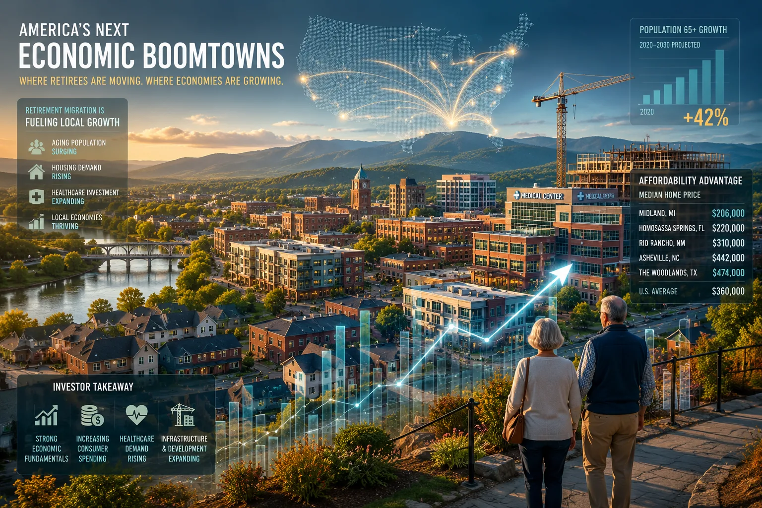 Cinematic aerial view of a growing mid-sized American city at sunset with housing developments, healthcare buildings, cranes, and financial growth overlays as retirees overlook the booming community, symbolizing retirement migration reshaping local economies and investment opportunities.
