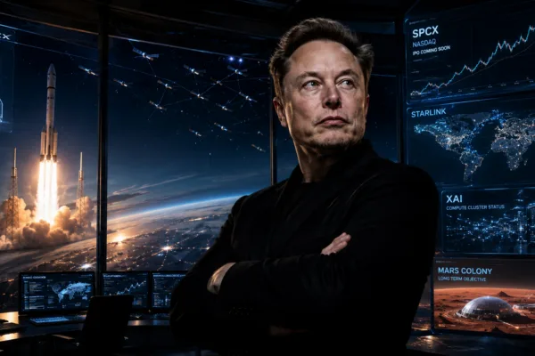 Elon Musk stands inside a futuristic space command center overlooking Earth as rockets launch in the background, surrounded by holographic displays showing Starlink satellites, AI infrastructure, stock market charts, and Mars colonization plans.