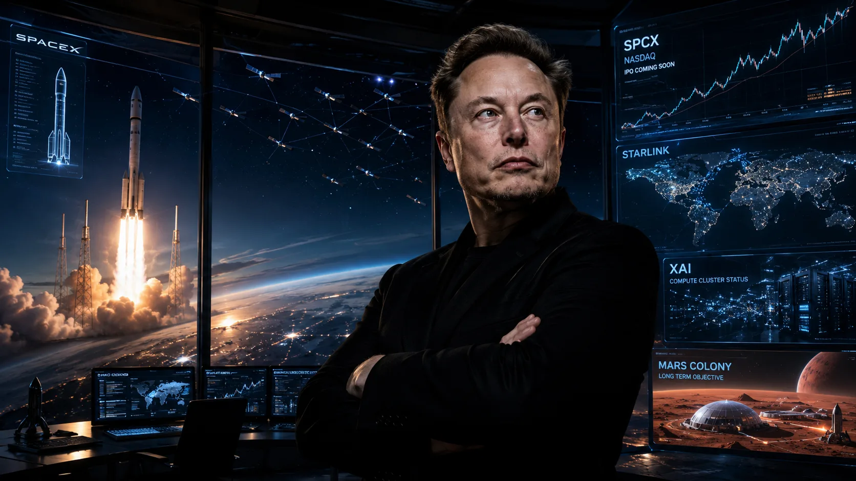 Elon Musk stands inside a futuristic space command center overlooking Earth as rockets launch in the background, surrounded by holographic displays showing Starlink satellites, AI infrastructure, stock market charts, and Mars colonization plans.