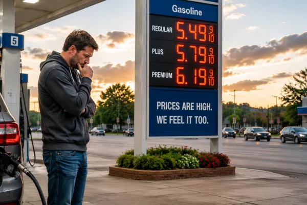 A worried man stands beside his SUV at a gas station during sunset as soaring gasoline prices glow on a large fuel sign, symbolizing inflation fears, consumer stress, and rising economic uncertainty.