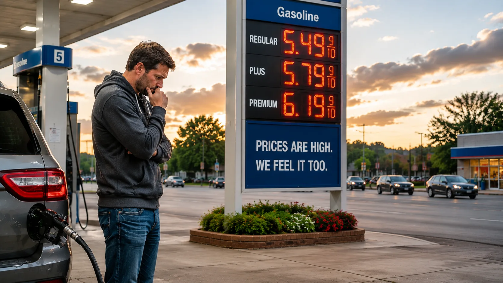 A worried man stands beside his SUV at a gas station during sunset as soaring gasoline prices glow on a large fuel sign, symbolizing inflation fears, consumer stress, and rising economic uncertainty.