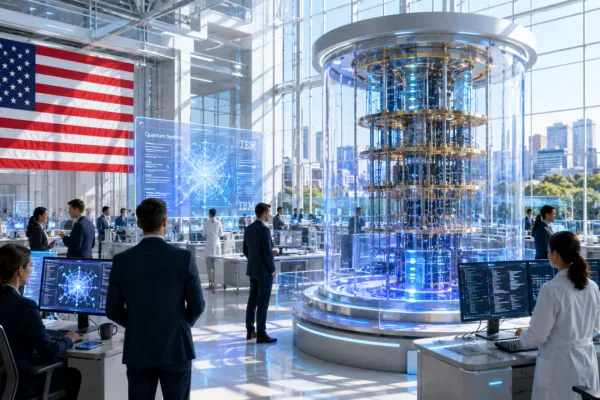 Bright futuristic quantum computing laboratory with a massive glowing quantum processor at the center, surrounded by scientists, engineers, and traders inside a sunlit high-tech facility with an American flag and city skyline in the background.