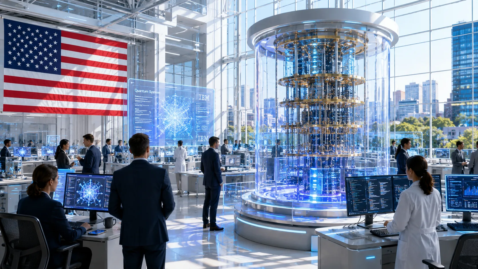 Bright futuristic quantum computing laboratory with a massive glowing quantum processor at the center, surrounded by scientists, engineers, and traders inside a sunlit high-tech facility with an American flag and city skyline in the background.