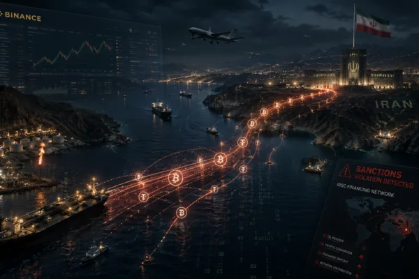 A cinematic nighttime illustration showing glowing cryptocurrency transaction lines moving across the Strait of Hormuz toward Iran, with oil tankers, military drones, and digital sanctions alerts symbolizing alleged crypto funding networks tied to the Iranian regime.