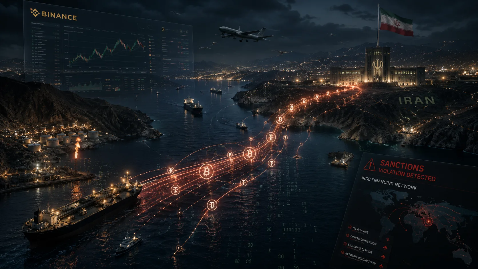A cinematic nighttime illustration showing glowing cryptocurrency transaction lines moving across the Strait of Hormuz toward Iran, with oil tankers, military drones, and digital sanctions alerts symbolizing alleged crypto funding networks tied to the Iranian regime.