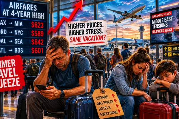Stressed travelers sit in a crowded airport terminal as airfare prices hit four-year highs amid rising fuel costs and Middle East tensions, highlighting the financial pressure facing summer vacation travelers.