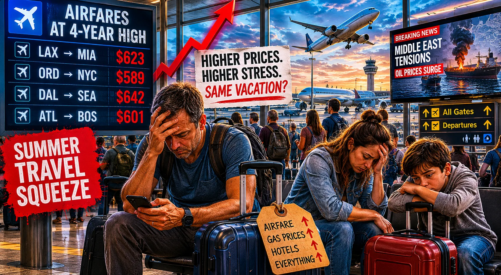 Stressed travelers sit in a crowded airport terminal as airfare prices hit four-year highs amid rising fuel costs and Middle East tensions, highlighting the financial pressure facing summer vacation travelers.