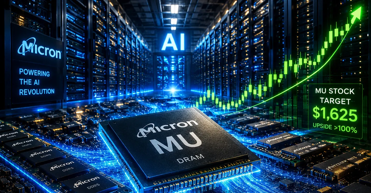 Futuristic AI data center with Micron memory chips and rising stock market graphics representing the surge in MU stock driven by artificial intelligence demand.