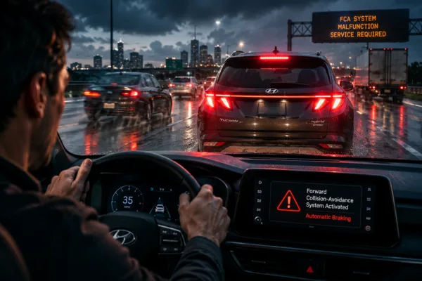 Driver reacts as a Hyundai SUV suddenly brakes on a rainy highway at dusk while collision-avoidance system warnings flash across the dashboard during a software malfunction scenario.