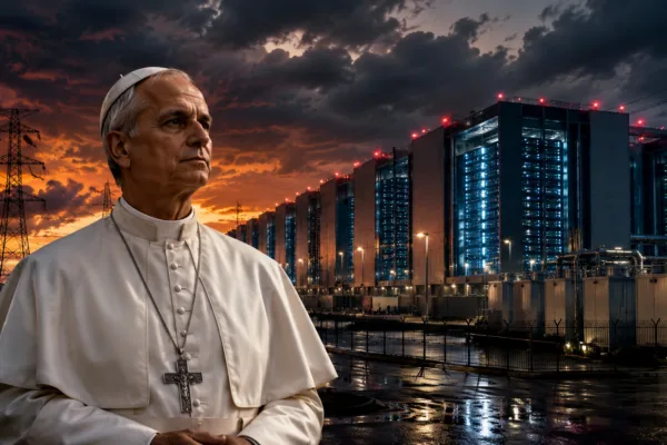 Pope Leo XIV standing before a massive AI data center at sunset, with glowing server buildings, power lines, and storm clouds symbolizing the growing conflict between artificial intelligence, energy consumption, and humanity.
